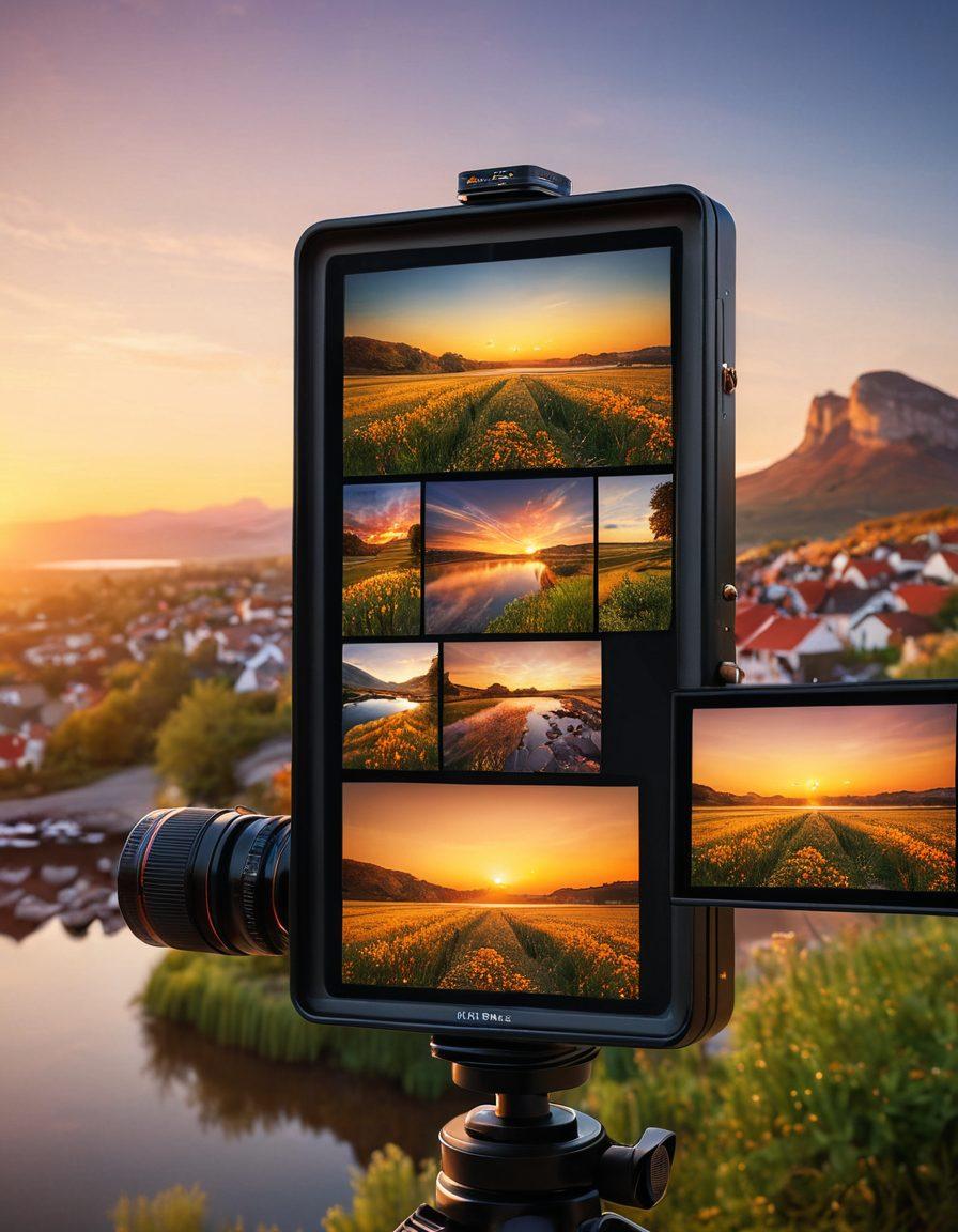 A stunning camera focused on a picturesque landscape, capturing the golden light of sunset creating a dreamy atmosphere. Surrounding the camera are various photography equipment such as lenses, tripods, and filters, with a backdrop of a community gallery showcasing diverse photographs. Include a creative touch with floating snapshot frames that depict different photography techniques. super-realistic. vibrant colors. soft focus.
