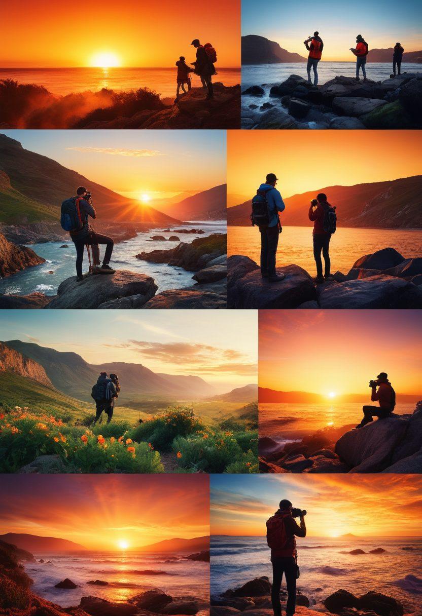 A vivid collage showcasing a diverse group of photographers capturing stunning scenery through their cameras, with various lenses reflecting unique moments. Include elements of nature, urban landscapes, and candid portraits to symbolize the art of storytelling through images. The background should feature an atmospheric sunrise or sunset highlighting the beauty of photography. super-realistic. vibrant colors.
