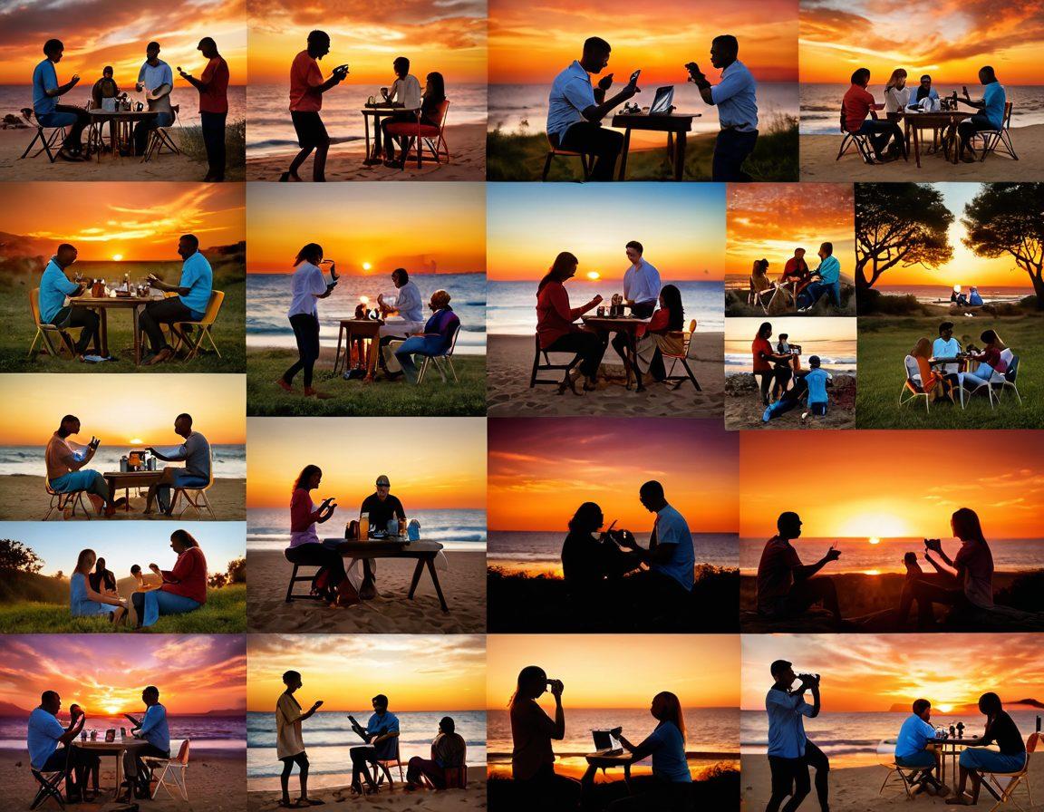 A dynamic collage of diverse photographers passionately capturing moments in a vibrant outdoor setting, showcasing a mix of candid scenes and polished photographs. Incorporate elements of collaboration, such as people discussing shots and sharing mobile devices, with a rich sunset backdrop highlighting their creativity. Emphasize warmth, connection, and inspiration. super-realistic. vibrant colors. warm tones.